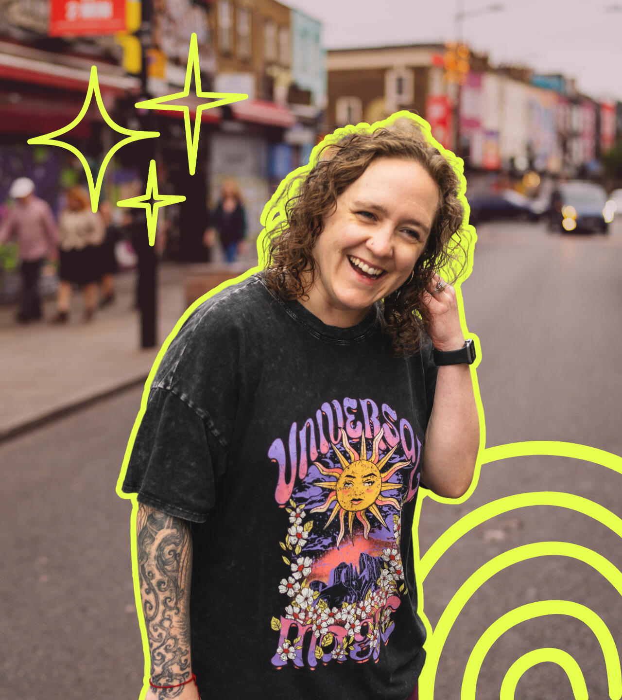 Carl Franklin Carly of Carly Franklin Wellness smiling on the street with doodles superimposed on the image.